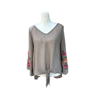Fig‎ and Flower Embroidered Tie-Front Blouse Lace Detail Bohemian Top M